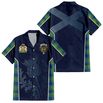 Johnstone Ancient Tartan Short Sleeve Button Up Shirt with Family Crest and Scottish Thistle Vibes Sport Style