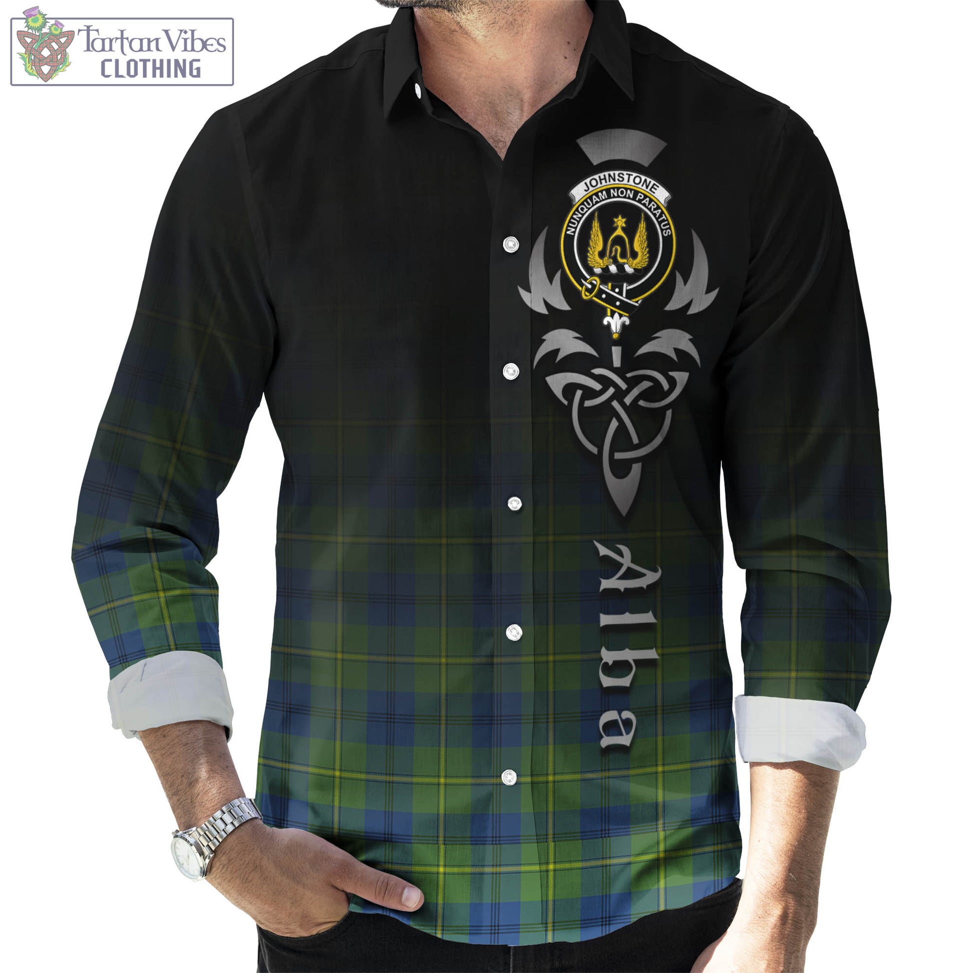 Tartan Vibes Clothing Johnstone-Johnston Ancient Tartan Long Sleeve Button Up Featuring Alba Gu Brath Family Crest Celtic Inspired