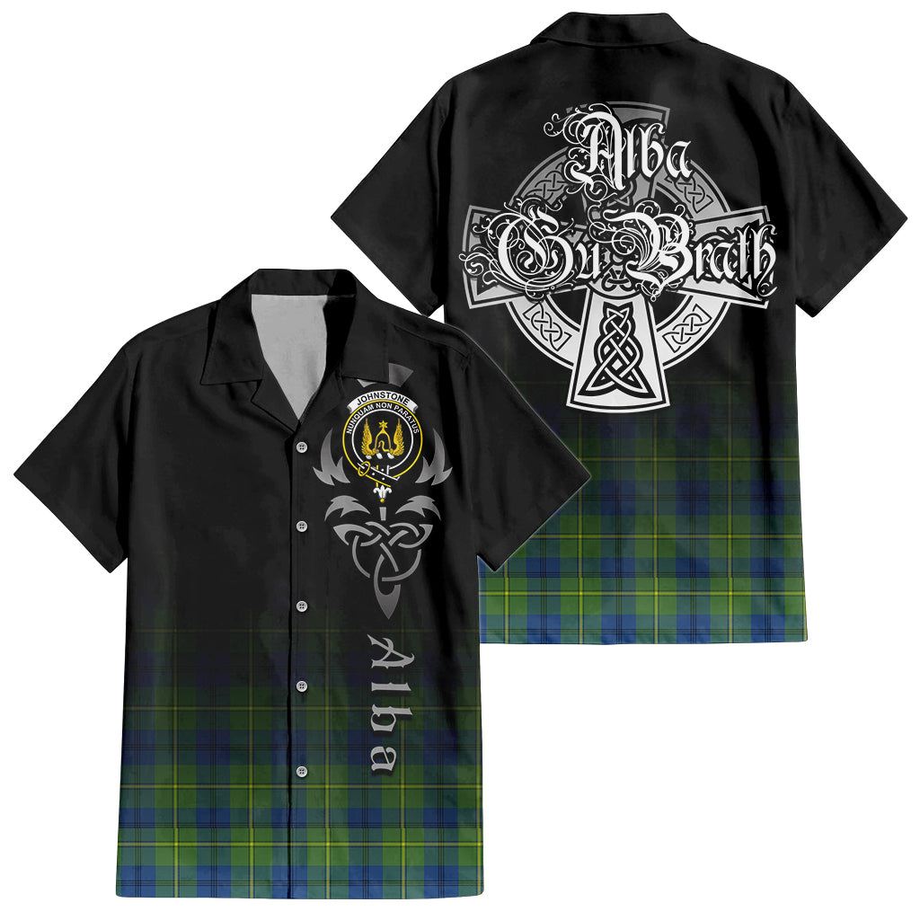 Tartan Vibes Clothing Johnstone-Johnston Ancient Tartan Short Sleeve Button Up Featuring Alba Gu Brath Family Crest Celtic Inspired