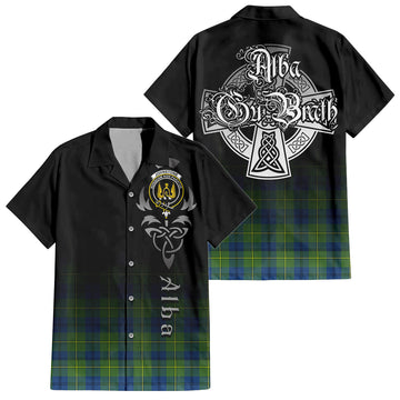 Johnstone Ancient Tartan Short Sleeve Button Up Shirt Featuring Alba Gu Brath Family Crest Celtic Inspired