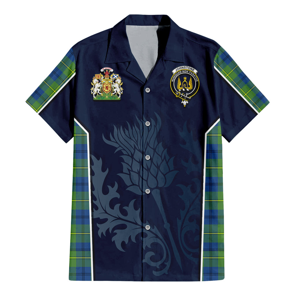 Tartan Vibes Clothing Johnstone-Johnston Ancient Tartan Short Sleeve Button Up Shirt with Family Crest and Scottish Thistle Vibes Sport Style