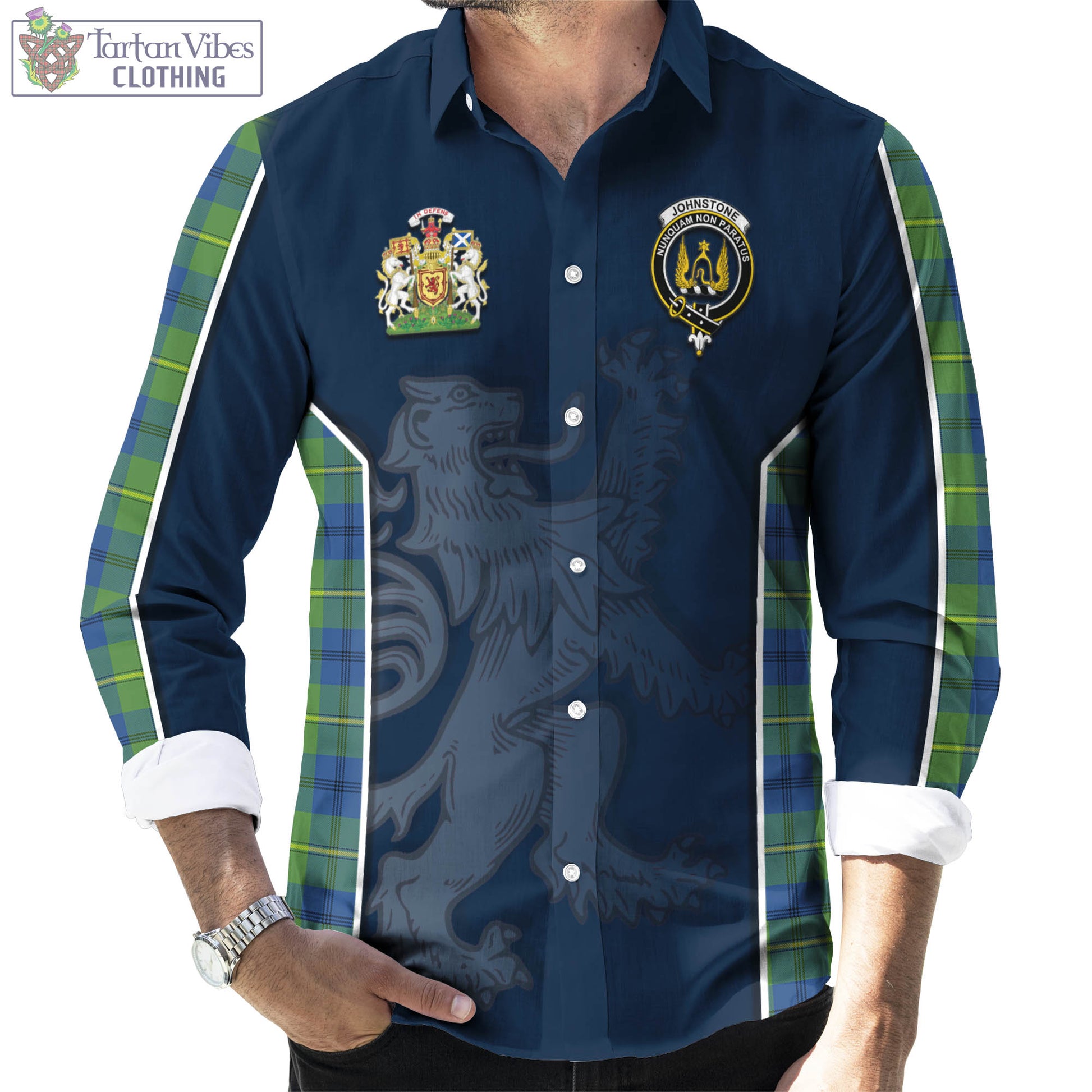 Tartan Vibes Clothing Johnstone-Johnston Ancient Tartan Long Sleeve Button Up Shirt with Family Crest and Lion Rampant Vibes Sport Style