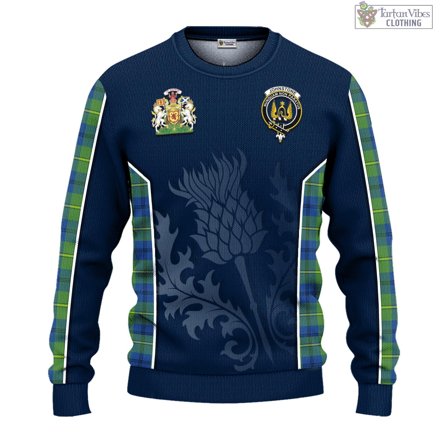 Tartan Vibes Clothing Johnstone-Johnston Ancient Tartan Knitted Sweatshirt with Family Crest and Scottish Thistle Vibes Sport Style