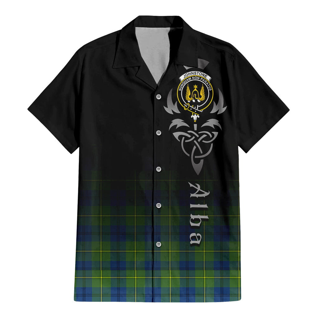 Tartan Vibes Clothing Johnstone-Johnston Ancient Tartan Short Sleeve Button Up Featuring Alba Gu Brath Family Crest Celtic Inspired