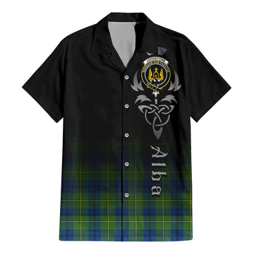 Johnstone Ancient Tartan Short Sleeve Button Up Shirt Featuring Alba Gu Brath Family Crest Celtic Inspired