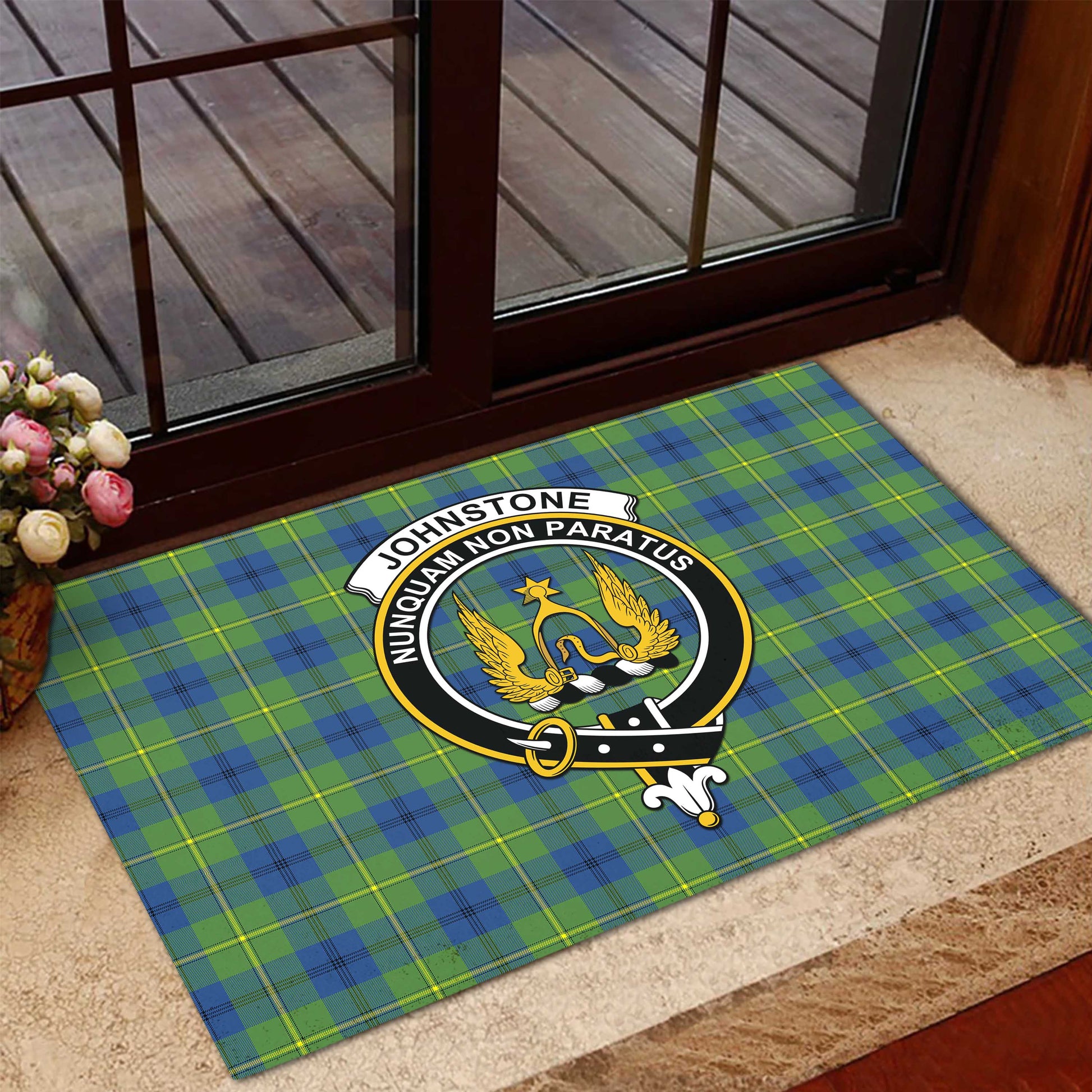 Johnstone-Johnston Ancient Tartan Door Mat with Family Crest - Tartanvibesclothing