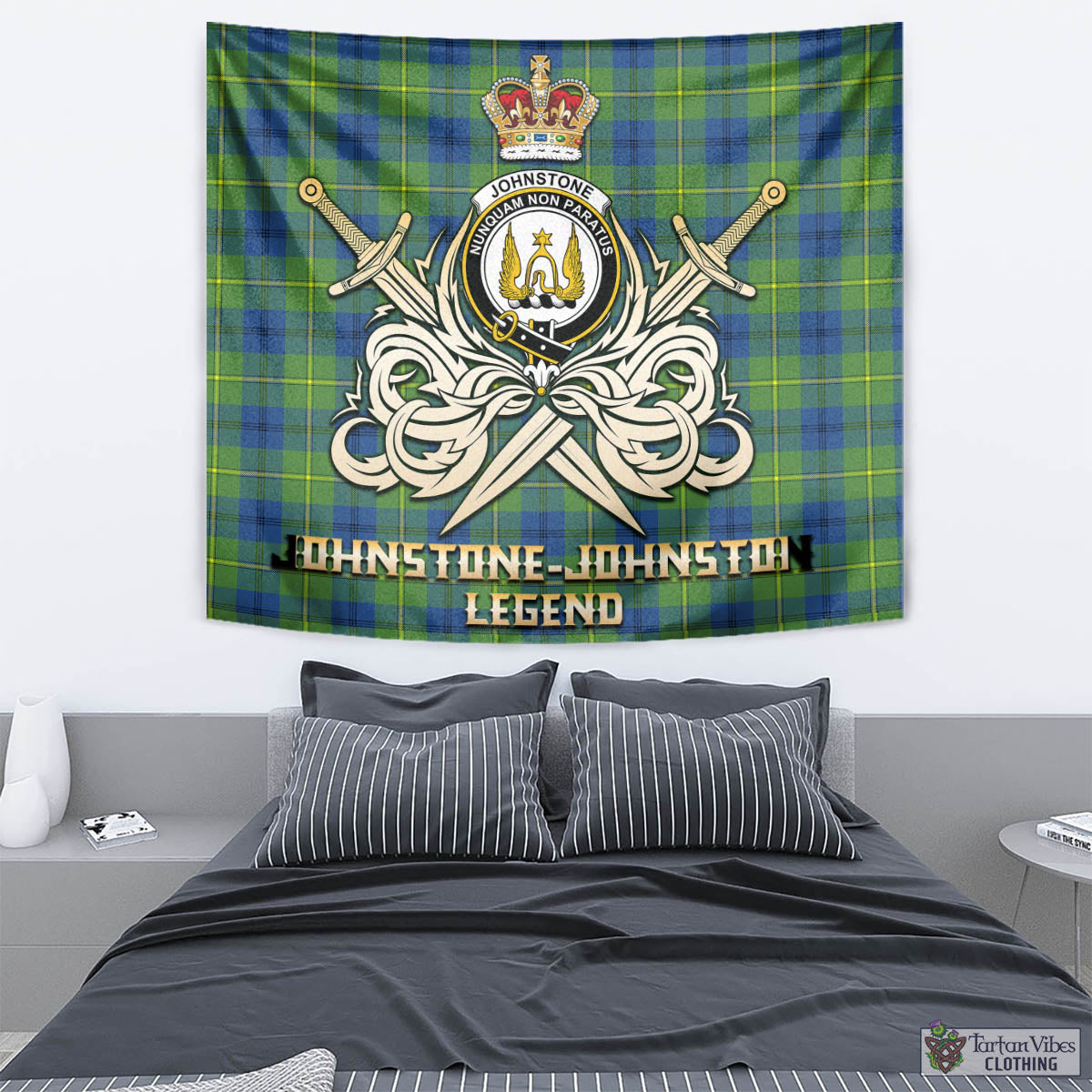 Tartan Vibes Clothing Johnstone-Johnston Ancient Tartan Tapestry with Clan Crest and the Golden Sword of Courageous Legacy