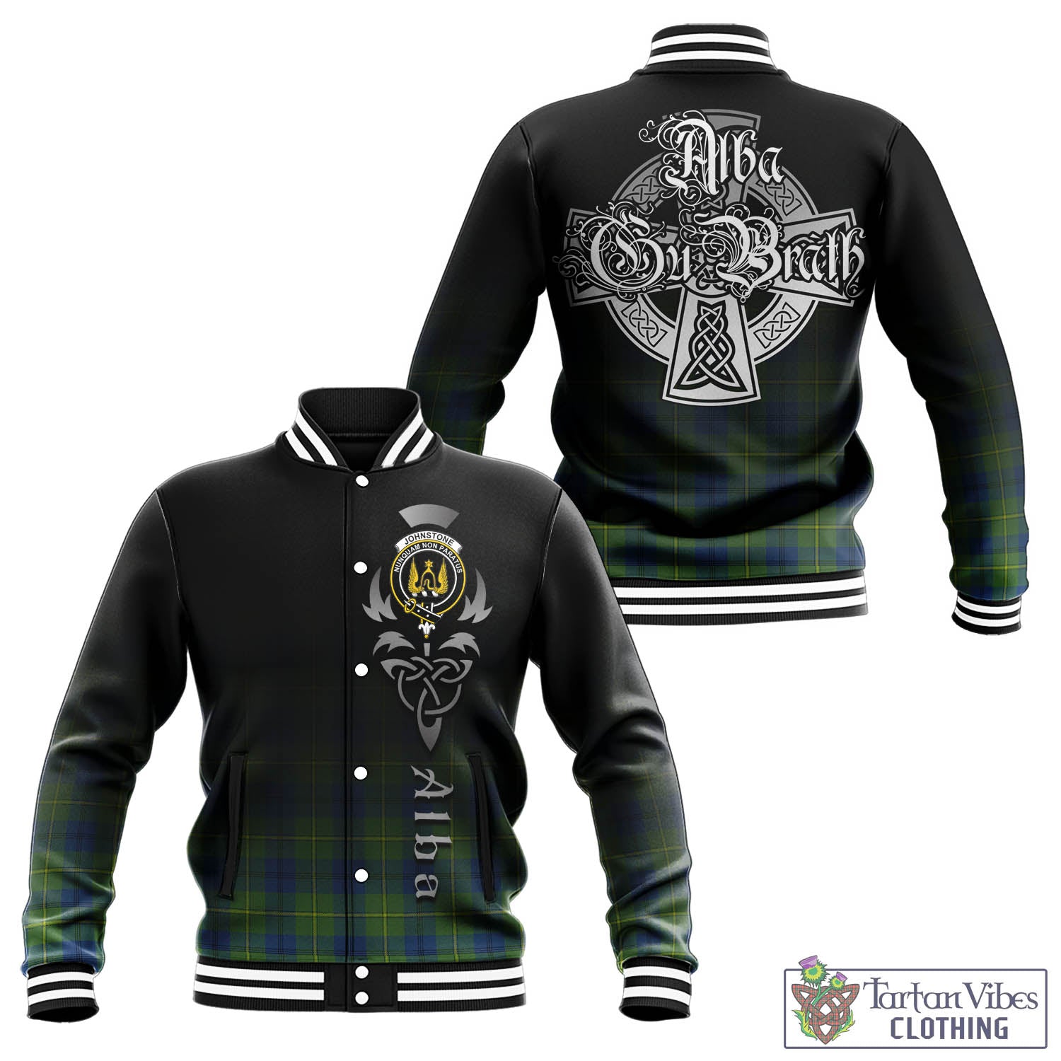 Tartan Vibes Clothing Johnstone-Johnston Ancient Tartan Baseball Jacket Featuring Alba Gu Brath Family Crest Celtic Inspired