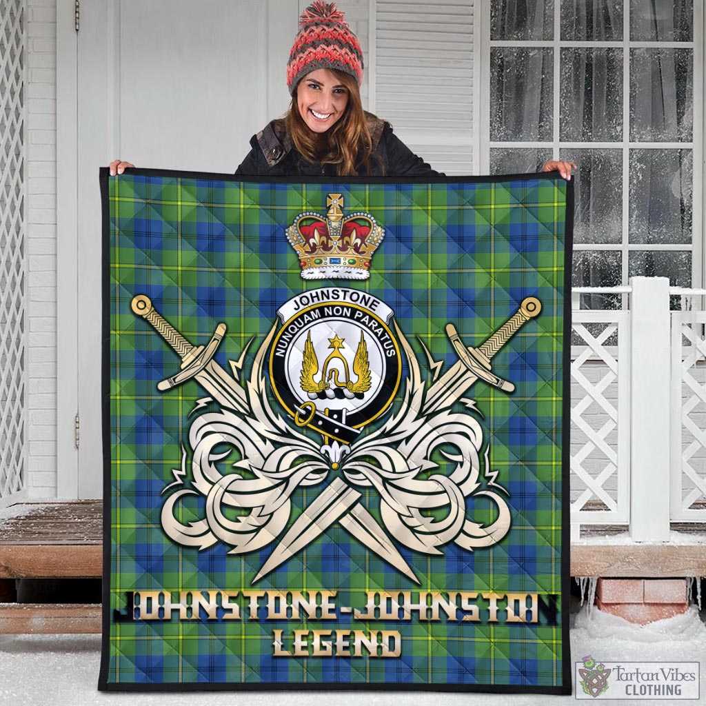 Tartan Vibes Clothing Johnstone-Johnston Ancient Tartan Quilt with Clan Crest and the Golden Sword of Courageous Legacy