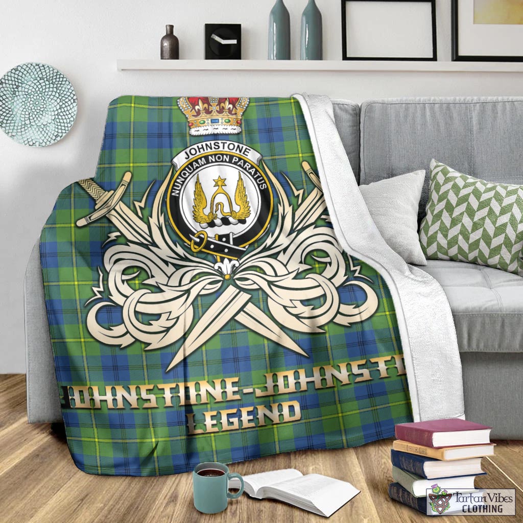 Tartan Vibes Clothing Johnstone-Johnston Ancient Tartan Blanket with Clan Crest and the Golden Sword of Courageous Legacy