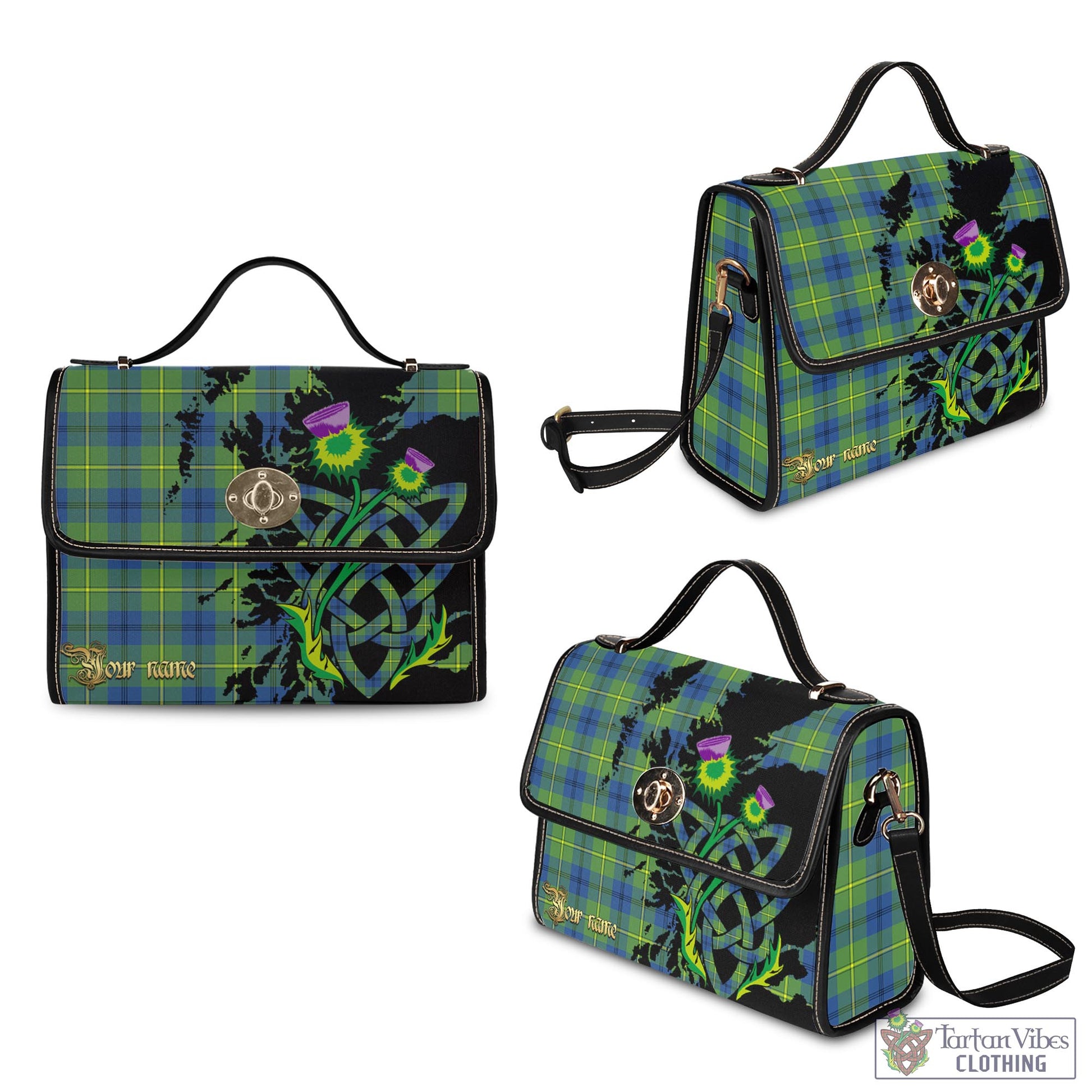 Tartan Vibes Clothing Johnstone-Johnston Ancient Tartan Waterproof Canvas Bag with Scotland Map and Thistle Celtic Accents