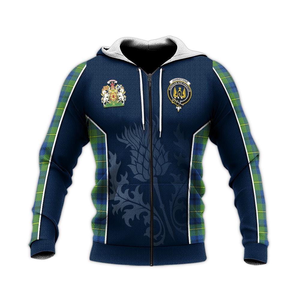 Tartan Vibes Clothing Johnstone-Johnston Ancient Tartan Knitted Hoodie with Family Crest and Scottish Thistle Vibes Sport Style