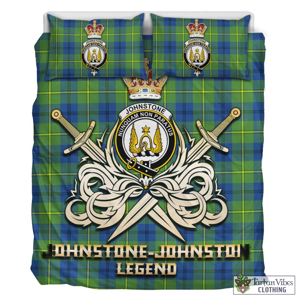 Tartan Vibes Clothing Johnstone-Johnston Ancient Tartan Bedding Set with Clan Crest and the Golden Sword of Courageous Legacy