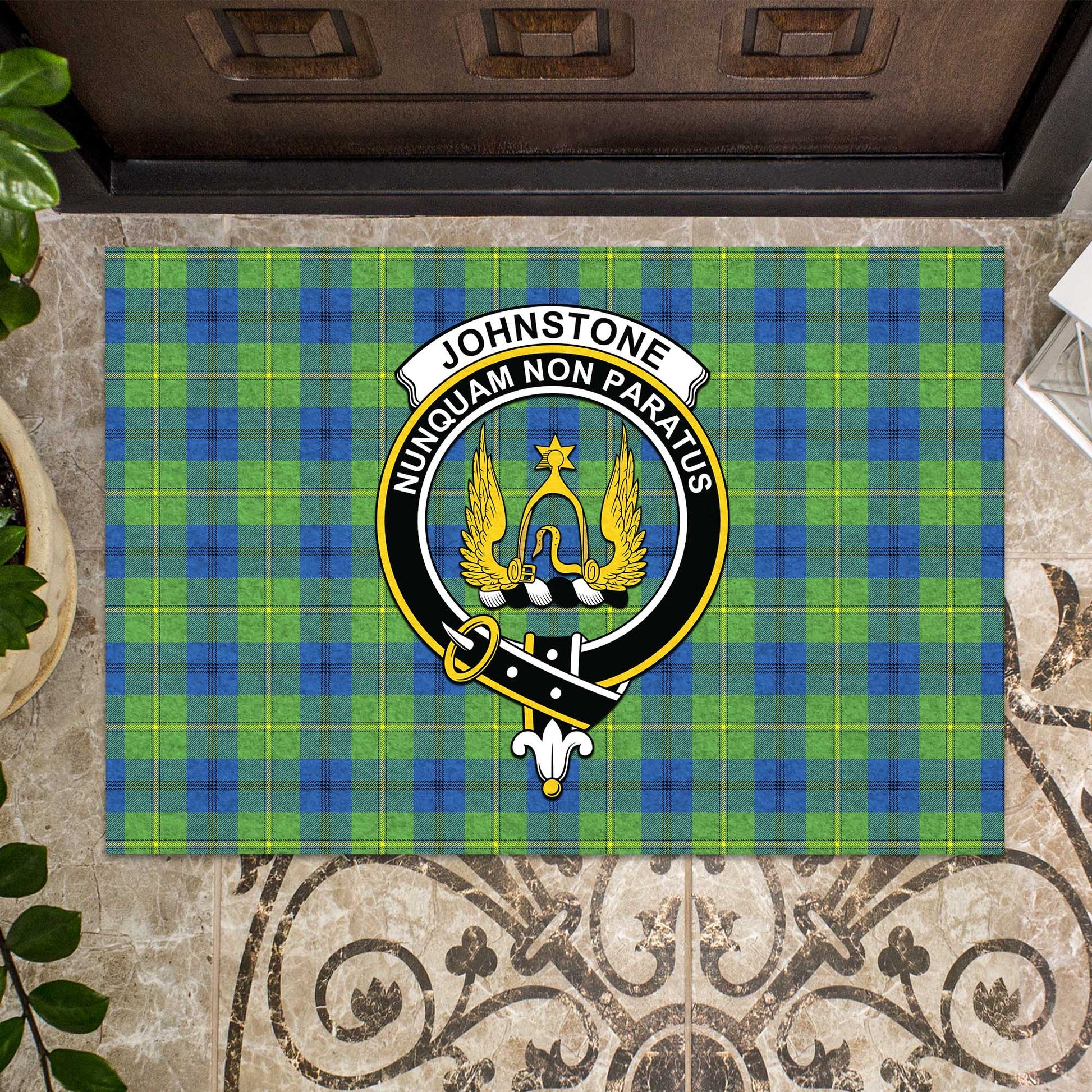 Johnstone-Johnston Ancient Tartan Door Mat with Family Crest - Tartanvibesclothing