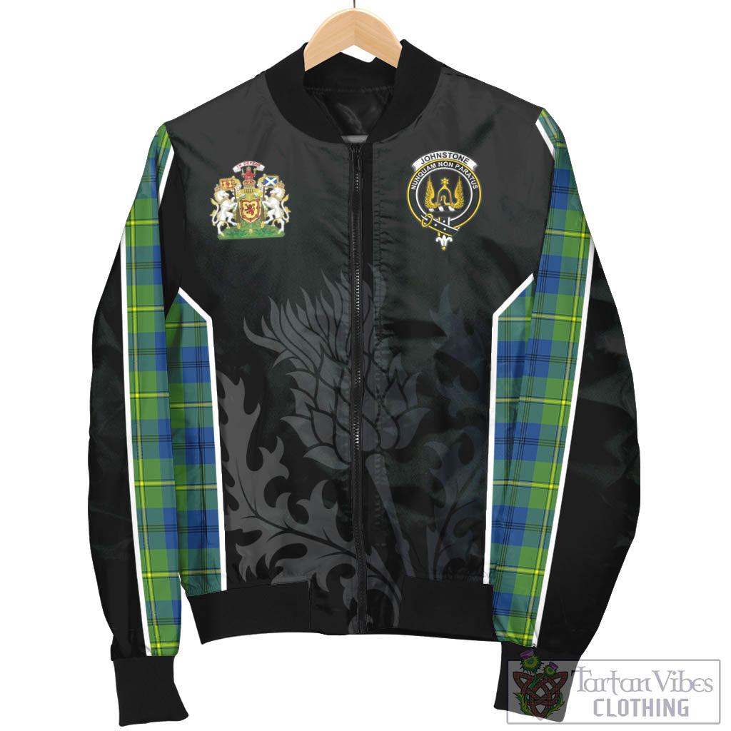 Tartan Vibes Clothing Johnstone-Johnston Ancient Tartan Bomber Jacket with Family Crest and Scottish Thistle Vibes Sport Style