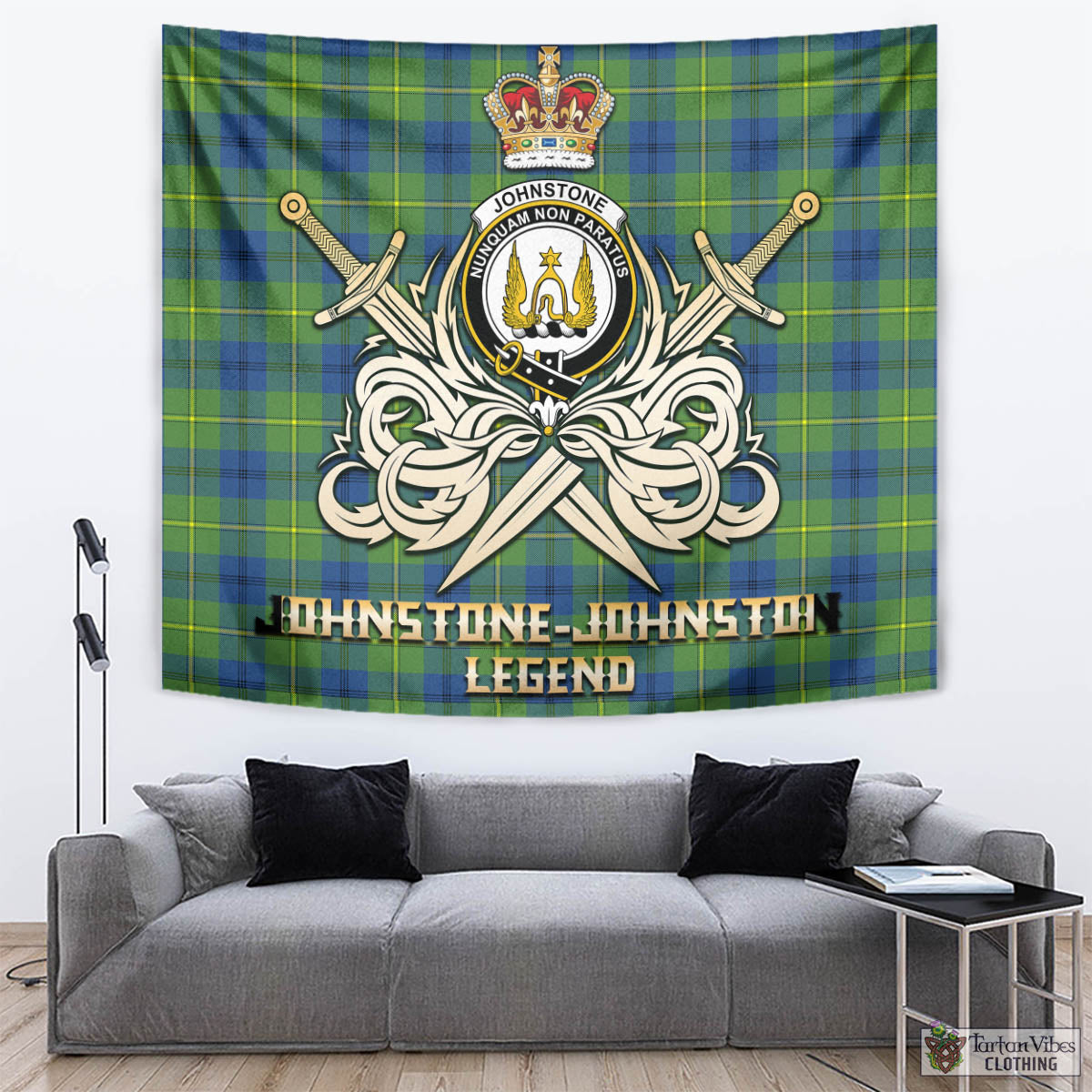 Tartan Vibes Clothing Johnstone-Johnston Ancient Tartan Tapestry with Clan Crest and the Golden Sword of Courageous Legacy