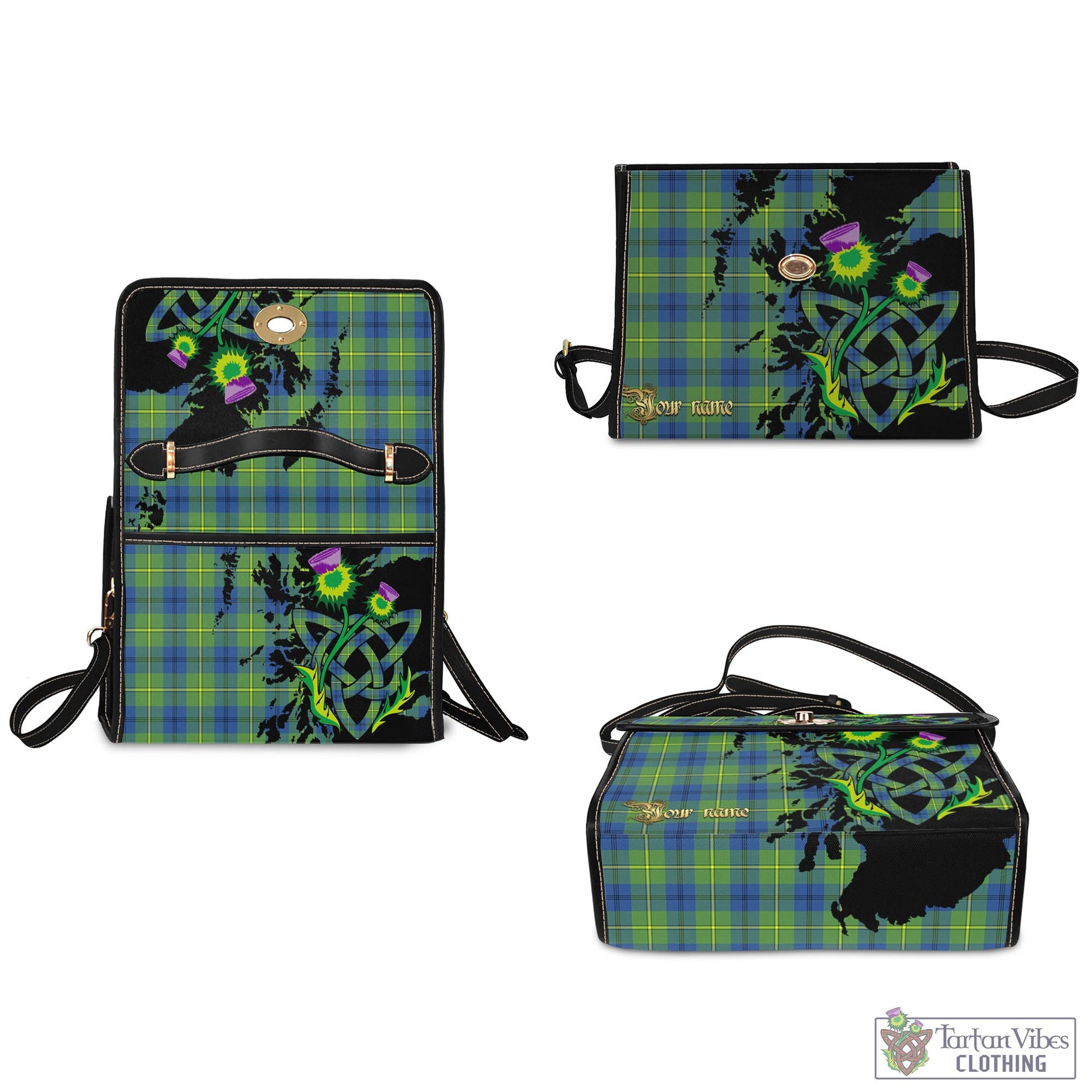 Tartan Vibes Clothing Johnstone-Johnston Ancient Tartan Waterproof Canvas Bag with Scotland Map and Thistle Celtic Accents