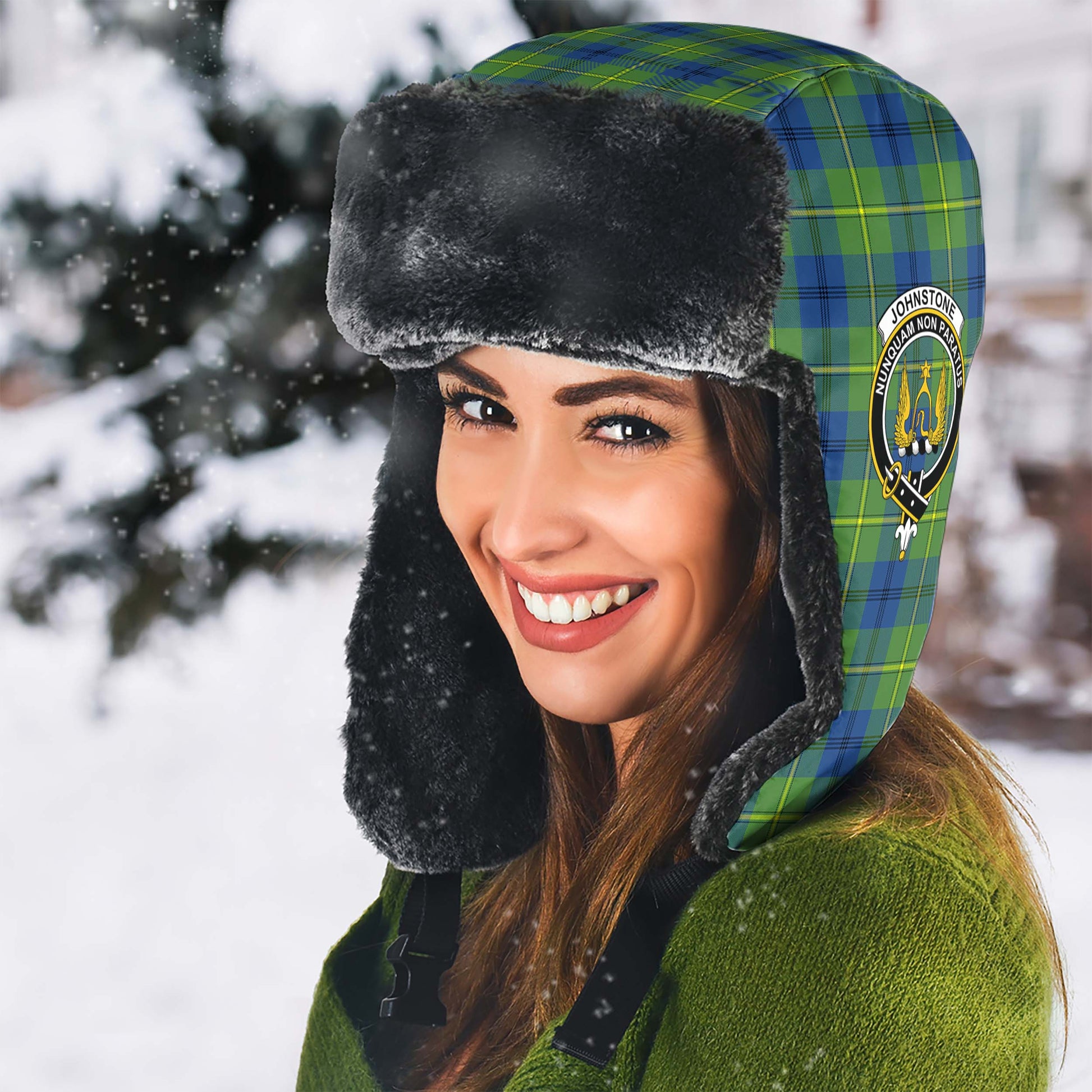 Johnstone-Johnston Ancient Tartan Winter Trapper Hat with Family Crest - Tartanvibesclothing