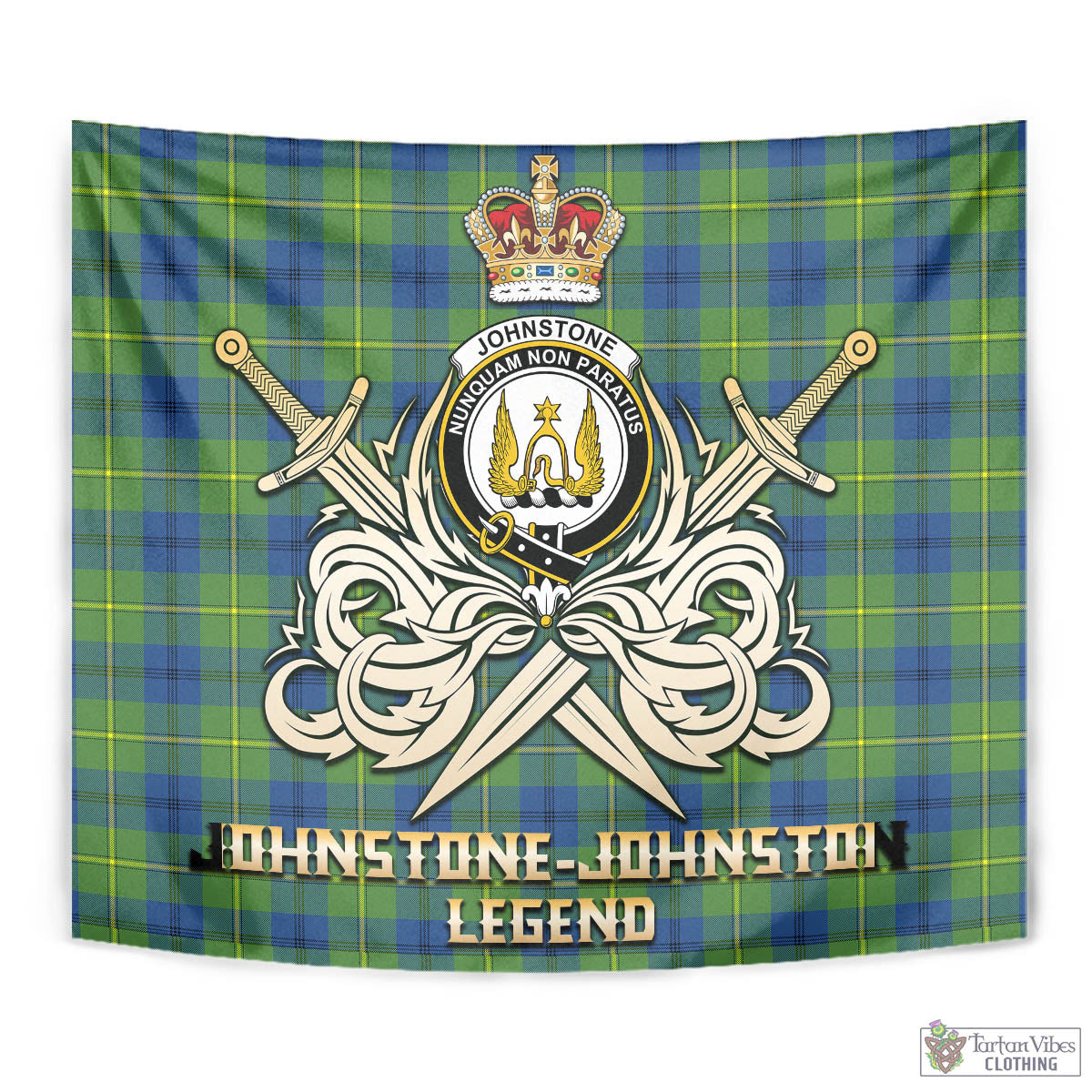 Tartan Vibes Clothing Johnstone-Johnston Ancient Tartan Tapestry with Clan Crest and the Golden Sword of Courageous Legacy