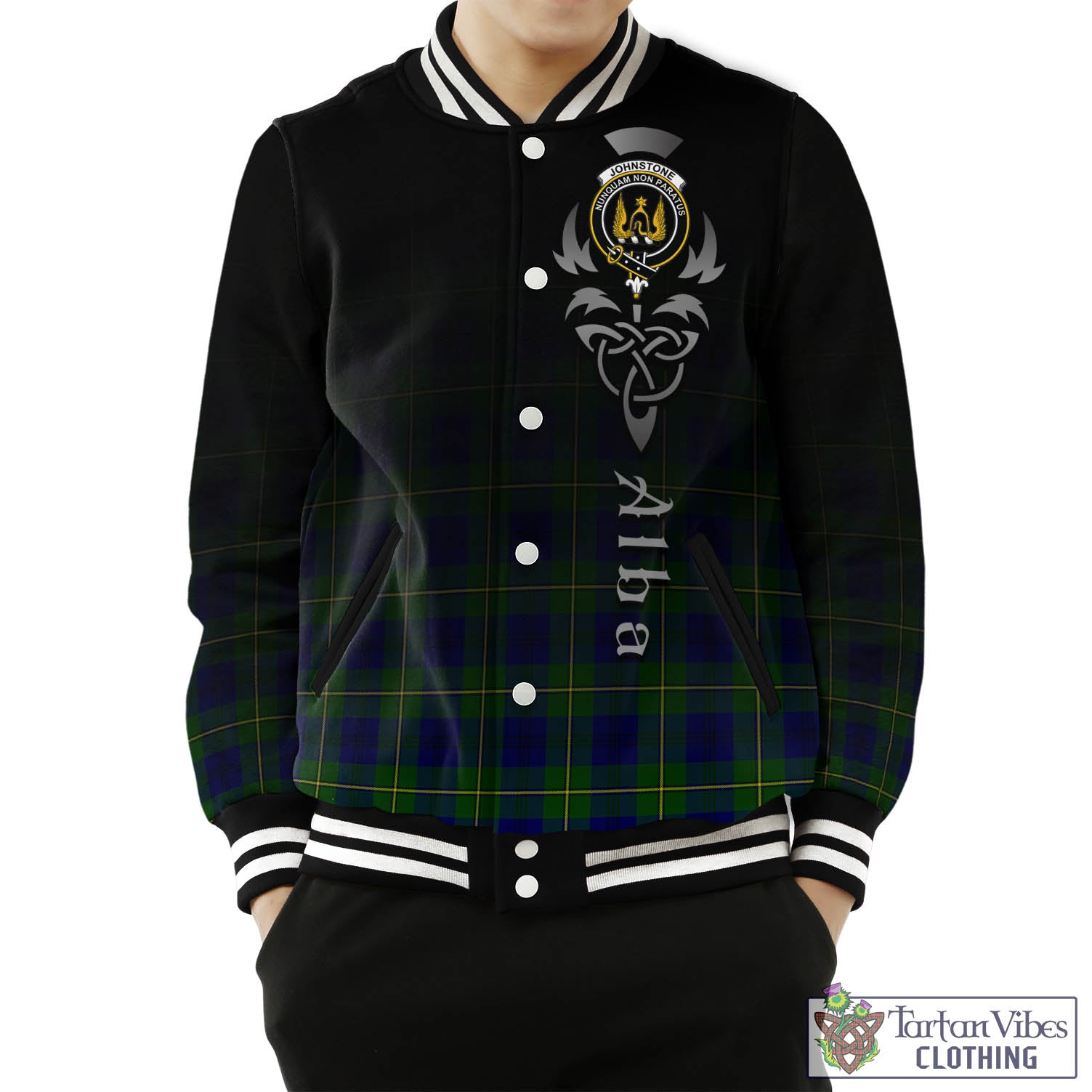 Tartan Vibes Clothing Johnstone-Johnston Modern Tartan Baseball Jacket Featuring Alba Gu Brath Family Crest Celtic Inspired