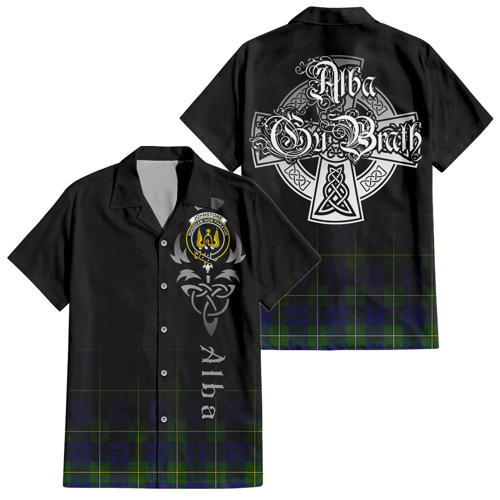 Tartan Vibes Clothing Johnstone-Johnston Modern Tartan Short Sleeve Button Up Featuring Alba Gu Brath Family Crest Celtic Inspired