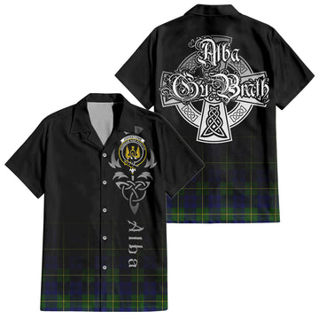 Johnstone Modern Tartan Short Sleeve Button Up Shirt Featuring Alba Gu Brath Family Crest Celtic Inspired