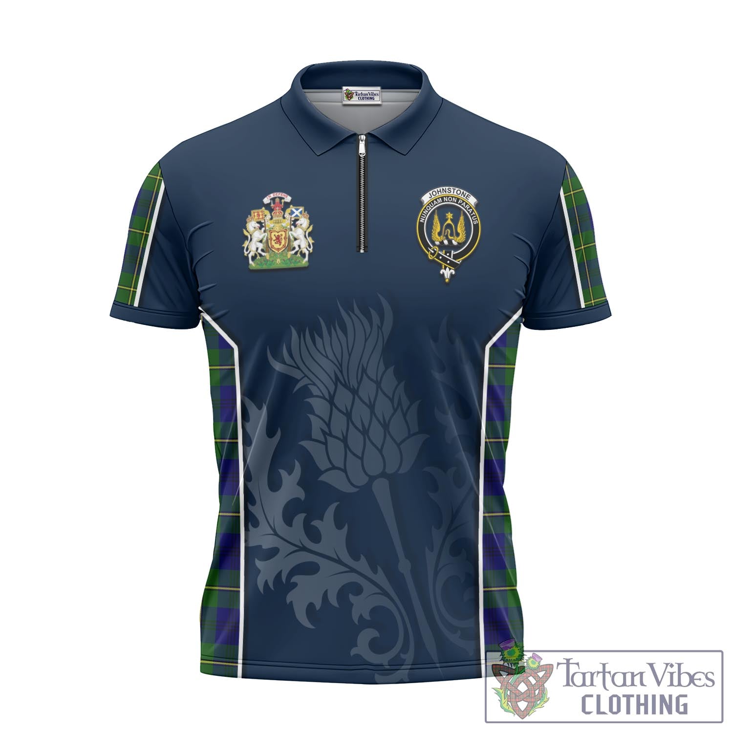 Tartan Vibes Clothing Johnstone-Johnston Modern Tartan Zipper Polo Shirt with Family Crest and Scottish Thistle Vibes Sport Style