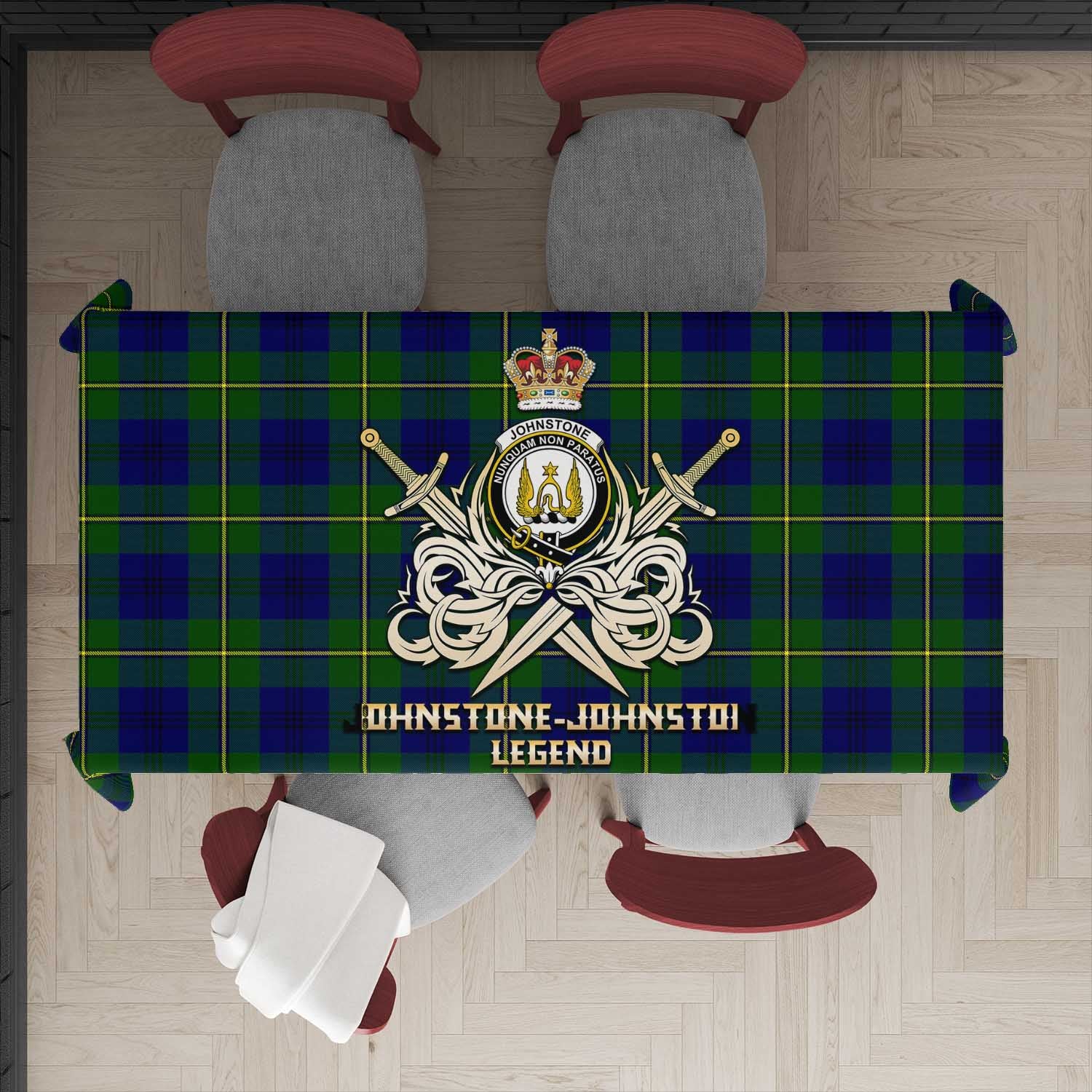 Tartan Vibes Clothing Johnstone-Johnston Modern Tartan Tablecloth with Clan Crest and the Golden Sword of Courageous Legacy