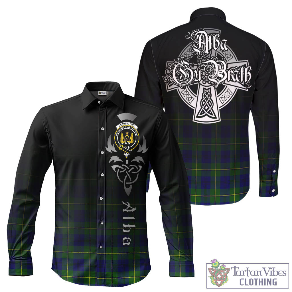 Tartan Vibes Clothing Johnstone-Johnston Modern Tartan Long Sleeve Button Up Featuring Alba Gu Brath Family Crest Celtic Inspired