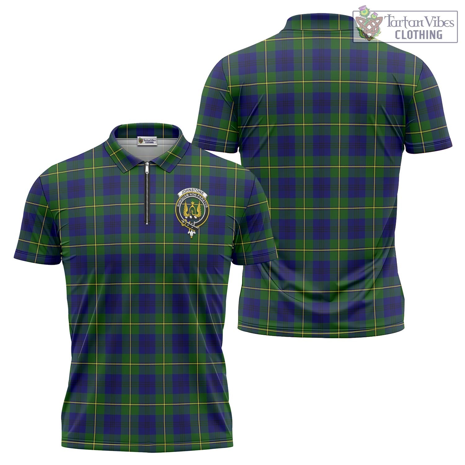 Tartan Vibes Clothing Johnstone-Johnston Modern Tartan Zipper Polo Shirt with Family Crest