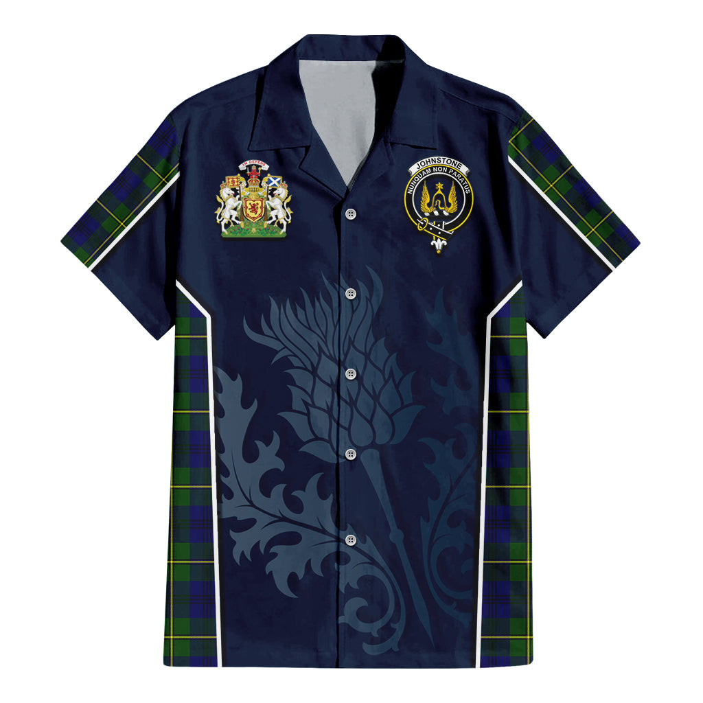 Tartan Vibes Clothing Johnstone-Johnston Modern Tartan Short Sleeve Button Up Shirt with Family Crest and Scottish Thistle Vibes Sport Style