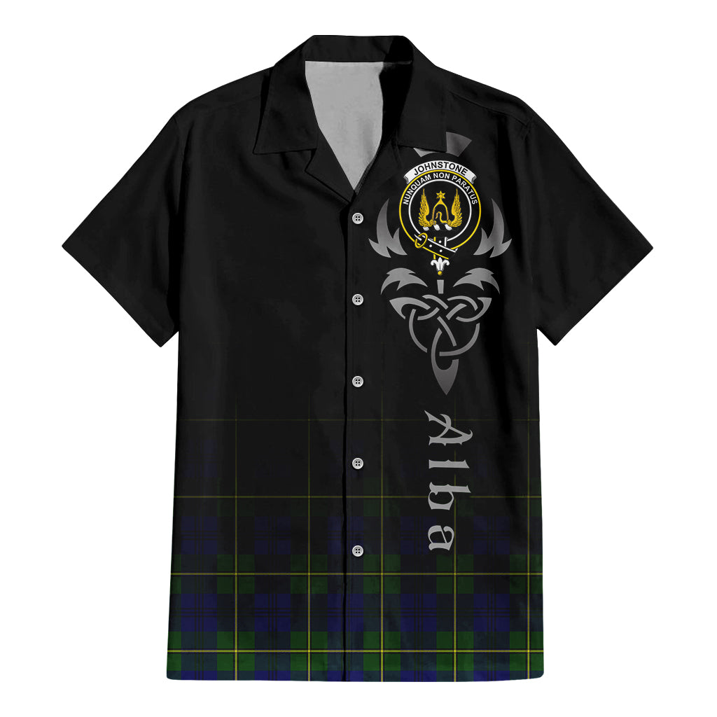 Tartan Vibes Clothing Johnstone-Johnston Modern Tartan Short Sleeve Button Up Featuring Alba Gu Brath Family Crest Celtic Inspired