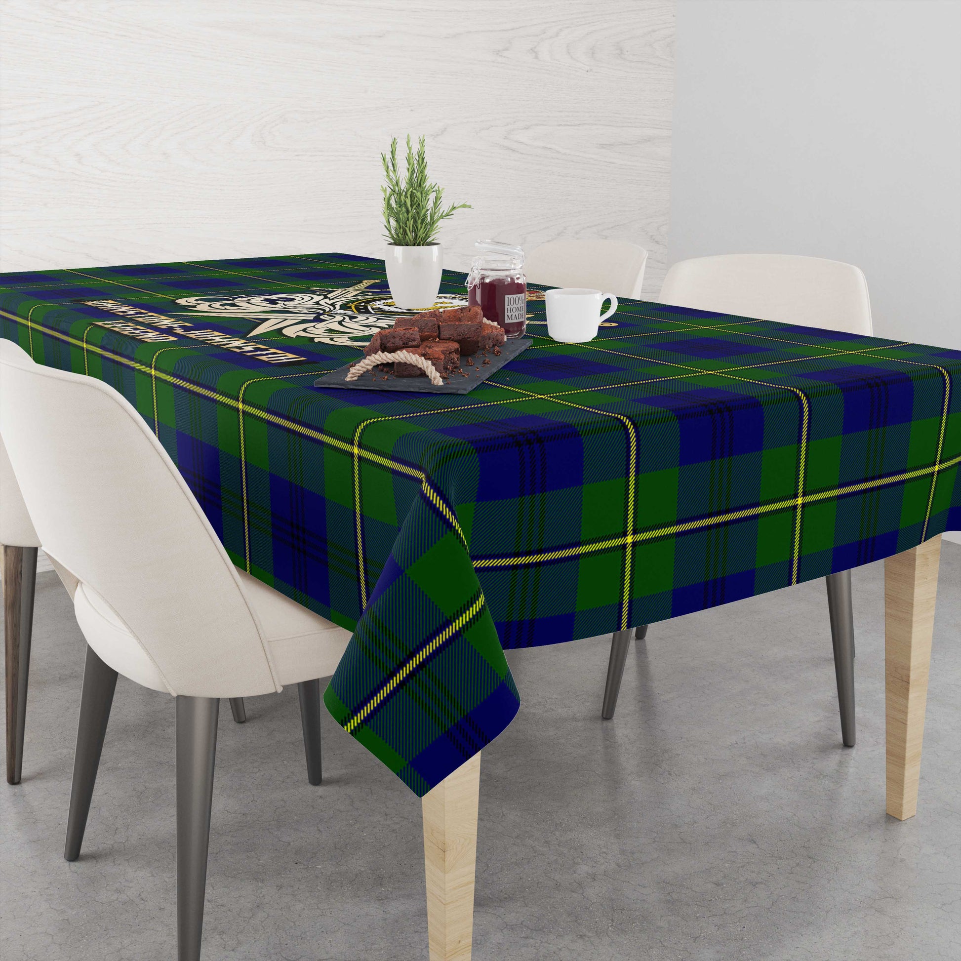 Tartan Vibes Clothing Johnstone-Johnston Modern Tartan Tablecloth with Clan Crest and the Golden Sword of Courageous Legacy