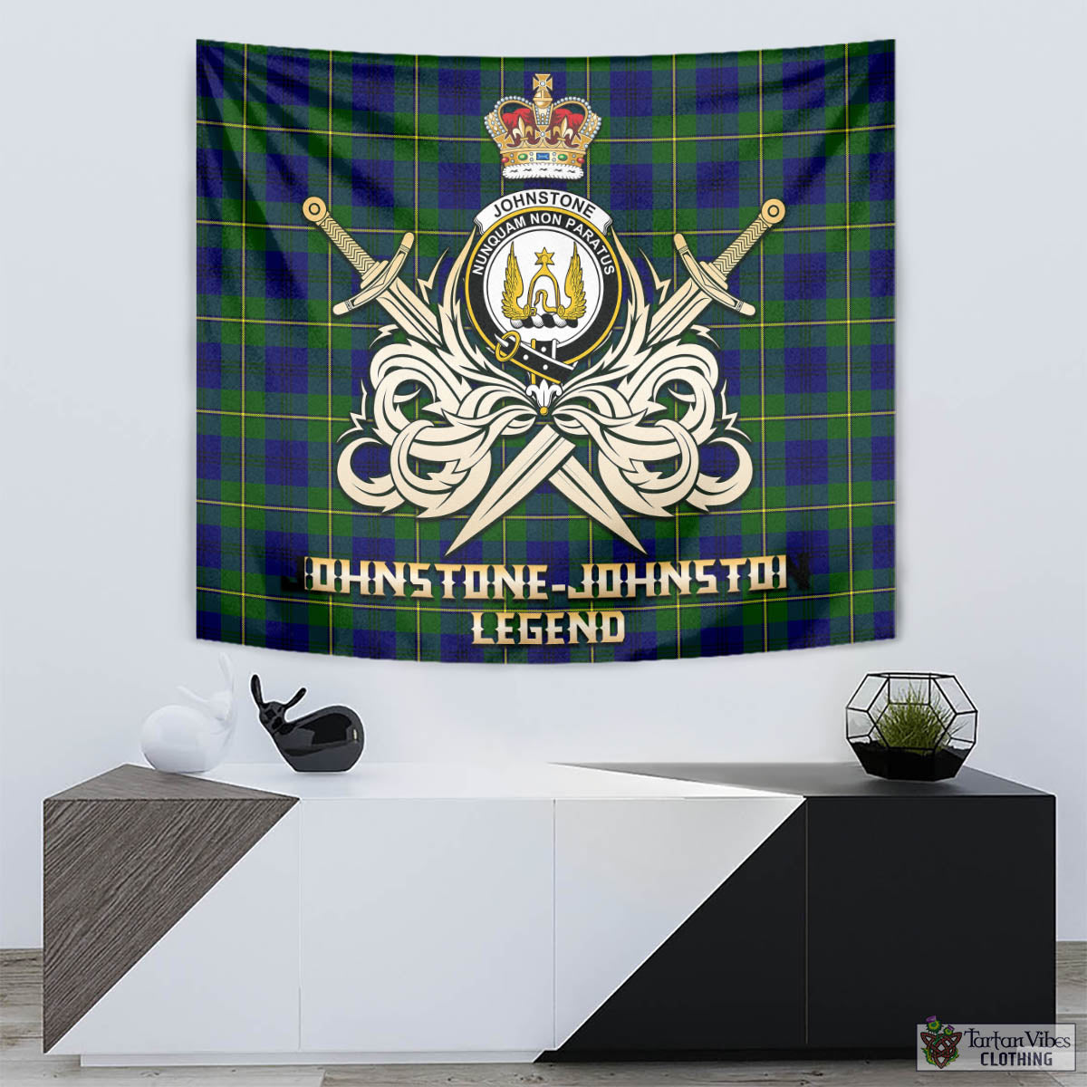 Tartan Vibes Clothing Johnstone-Johnston Modern Tartan Tapestry with Clan Crest and the Golden Sword of Courageous Legacy