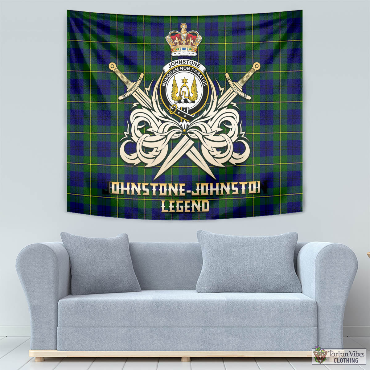 Tartan Vibes Clothing Johnstone-Johnston Modern Tartan Tapestry with Clan Crest and the Golden Sword of Courageous Legacy