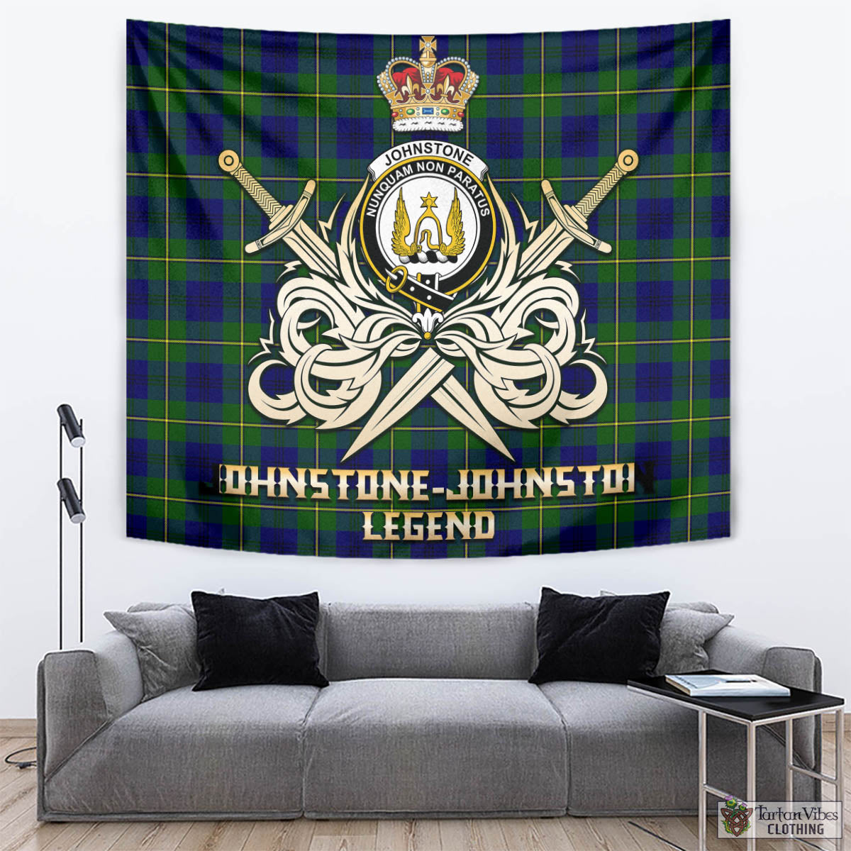 Tartan Vibes Clothing Johnstone-Johnston Modern Tartan Tapestry with Clan Crest and the Golden Sword of Courageous Legacy