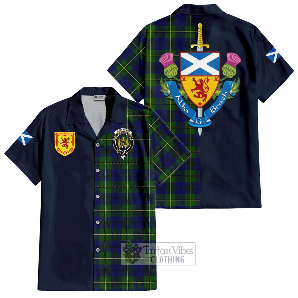 Tartan Vibes Clothing Johnstone Modern Tartan Short Sleeve Button Shirt with Scottish Lion Royal Arm Half Style