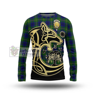 Johnstone Modern Tartan Long Sleeve T-Shirt with Family Crest Celtic Wolf Style