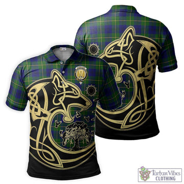 Johnstone Modern Tartan Polo Shirt with Family Crest Celtic Wolf Style