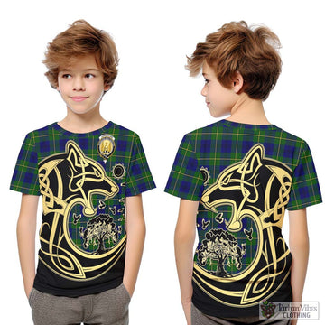 Johnstone Modern Tartan Kid T-Shirt with Family Crest Celtic Wolf Style