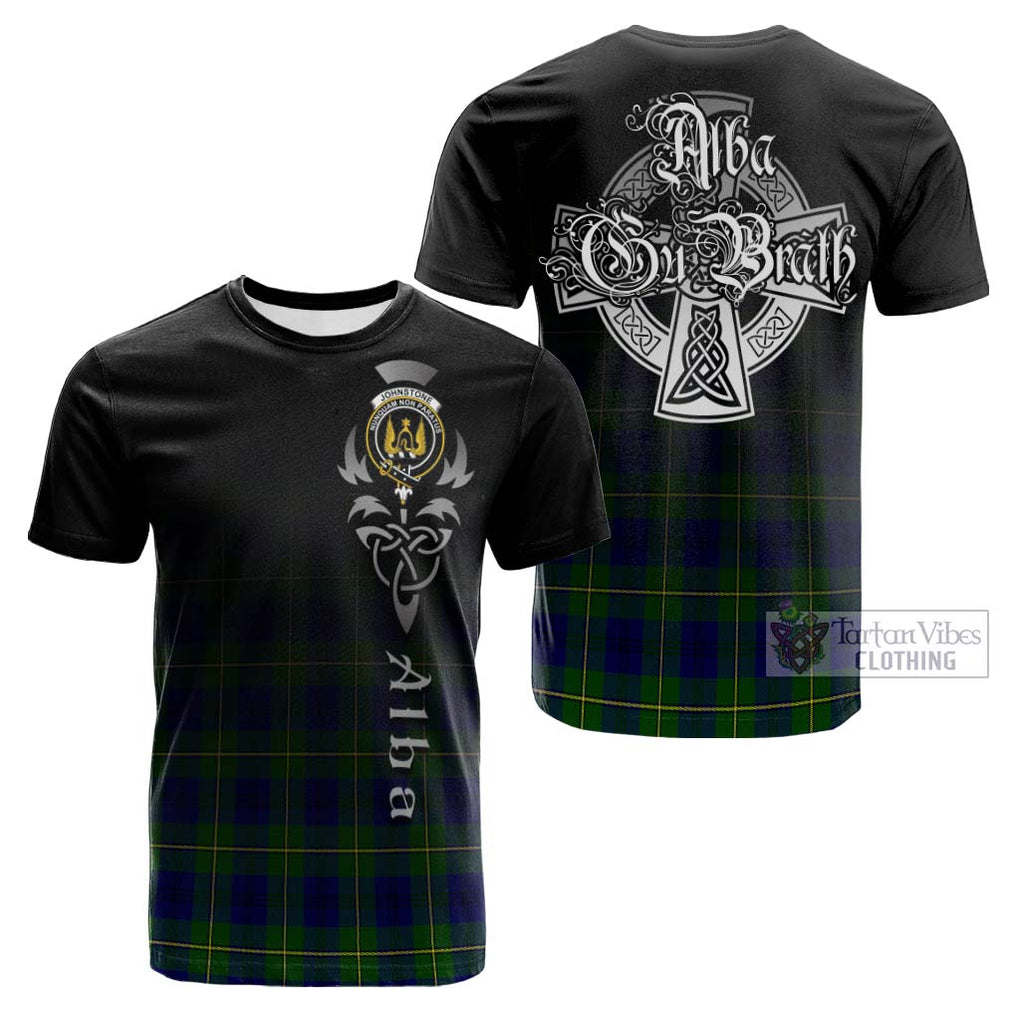 Tartan Vibes Clothing Johnstone Modern Tartan Cotton T-shirt Featuring Alba Gu Brath Family Crest Celtic Inspired