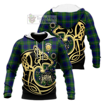 Johnstone Modern Tartan Knitted Hoodie with Family Crest Celtic Wolf Style