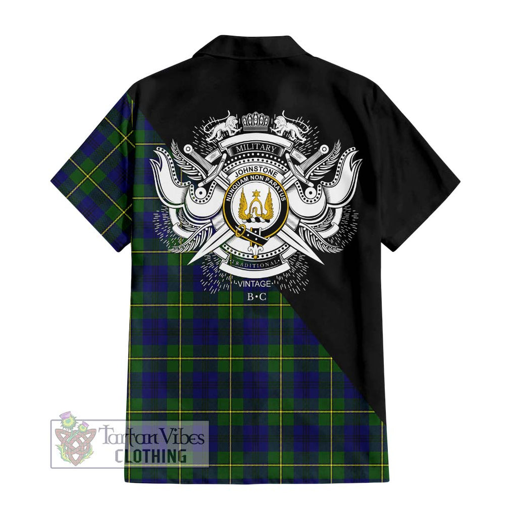 Johnstone Modern Tartan Short Sleeve Button Shirt with Family Crest and Military Logo Style - Tartanvibesclothing Shop