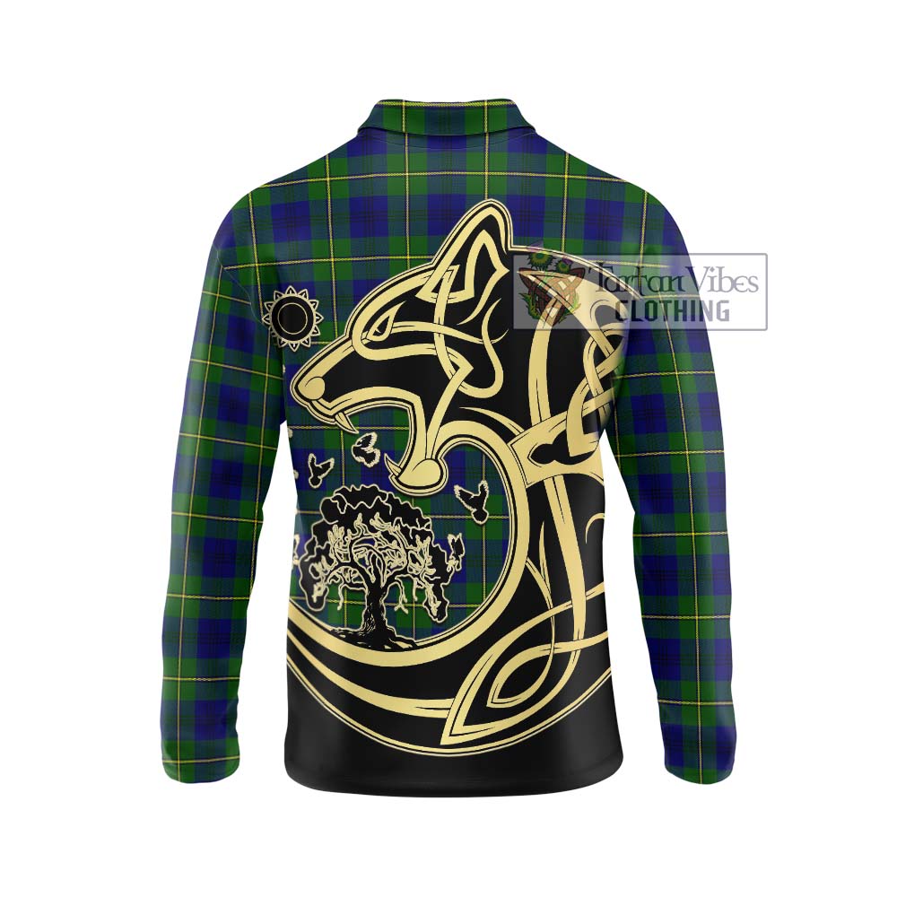 Johnstone Modern Tartan Long Sleeve Polo Shirt with Family Crest Celtic Wolf Style - Tartanvibesclothing Shop