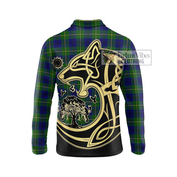 Johnstone Modern Tartan Long Sleeve Polo Shirt with Family Crest Celtic Wolf Style