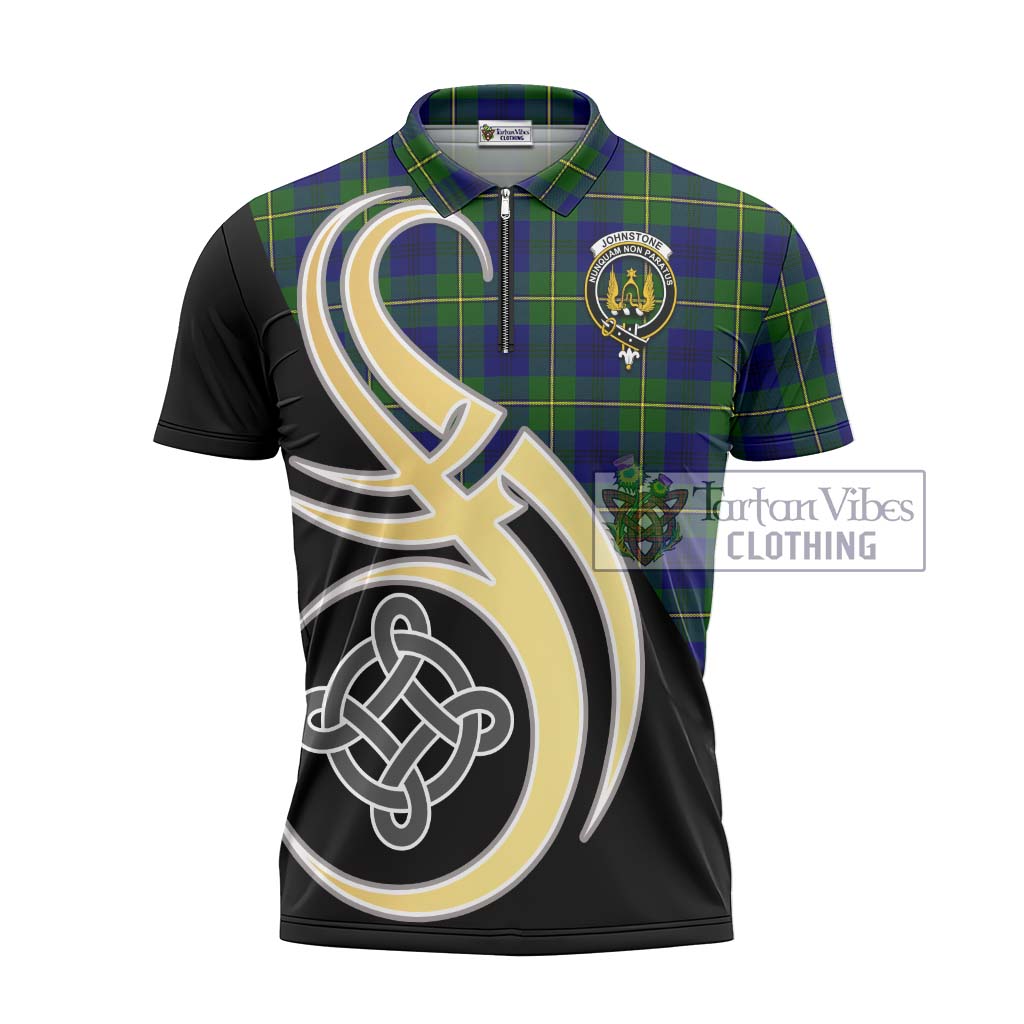 Tartan Vibes Clothing Johnstone Modern Tartan Zipper Polo Shirt with Family Crest and Celtic Symbol Style