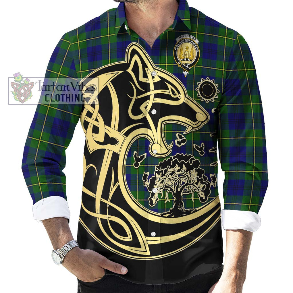 Johnstone Modern Tartan Long Sleeve Button Shirt with Family Crest Celtic Wolf Style - Tartan Vibes Clothing