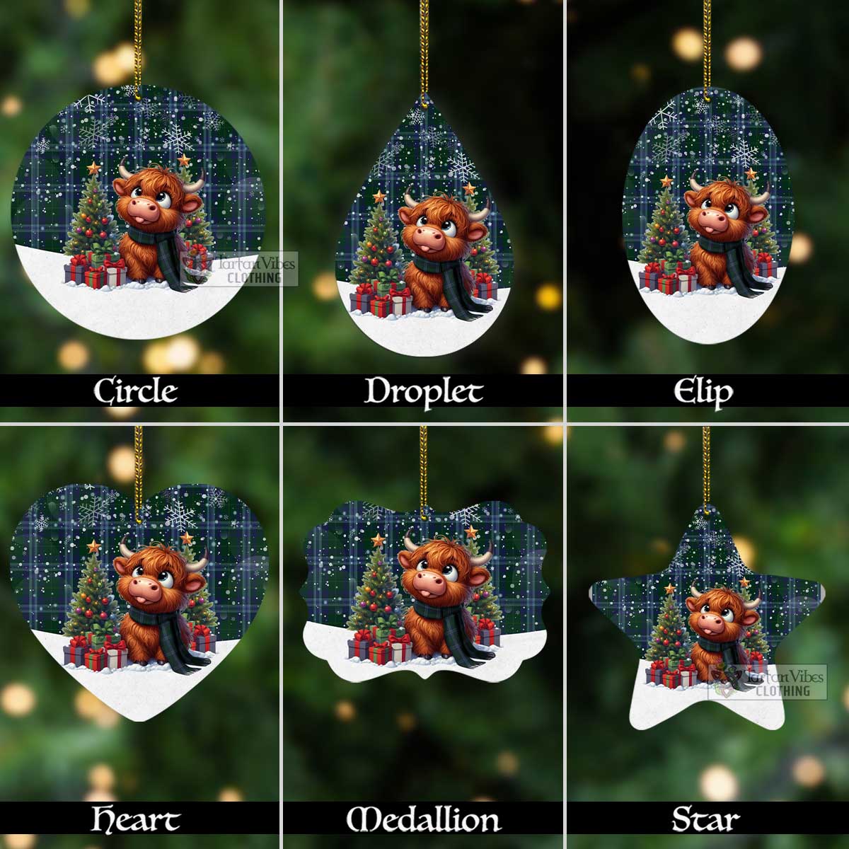 Tartan Vibes Clothing Jones of Wales Tartan Christmas Aluminium Ornament with Adorable Highland Coo