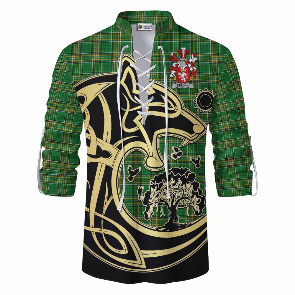 Tartan Vibes Clothing Keegan Irish Tartan Ghillie Kilt Shirt with Coat of Arms Celtic Wolf Style