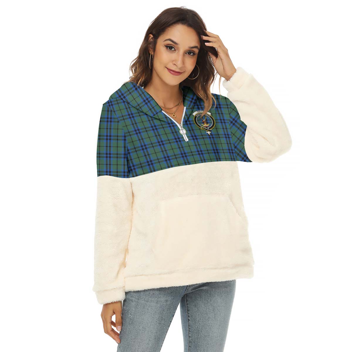 Keith Tartan Women's Borg Fleece Hoodie With Half Zip with Family Crest Female - Tartan Vibes Clothing